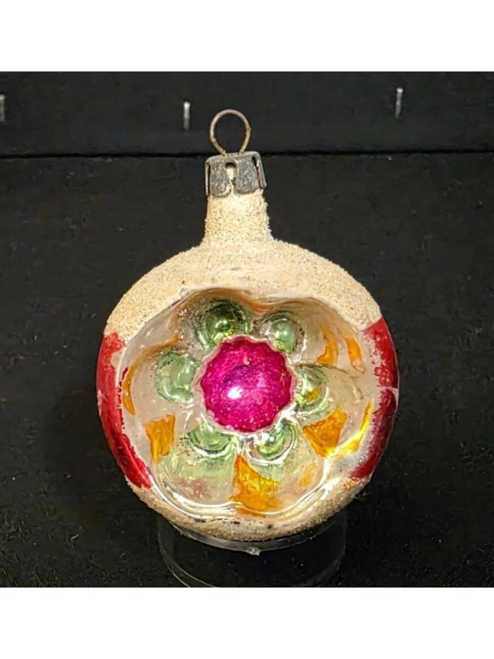 Vintage MCM Mercury Glass Indented Reflector Pink w Mica Christmas Ornament